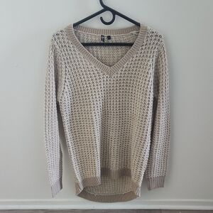 Poof! Textured Knit V-Neck Sweater in Beige
